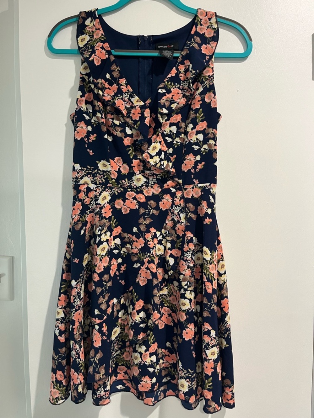 Teeze Me Navy & Pink Floral Ruffle V-Neck Mini Dress Size 3/4